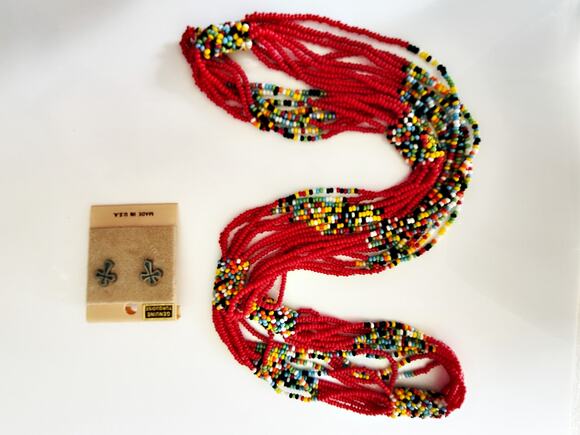 None and/or Unknown Jewelry - Red Multicolor Seed Bead Necklace & Crushed Turquoise Mini Cross Stud Earrings